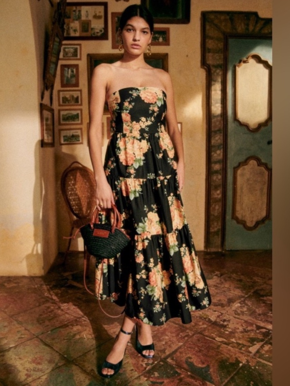 Sezane Tamia Dress in Pila Print Strapless Midi Black Floral Size 38 US 6